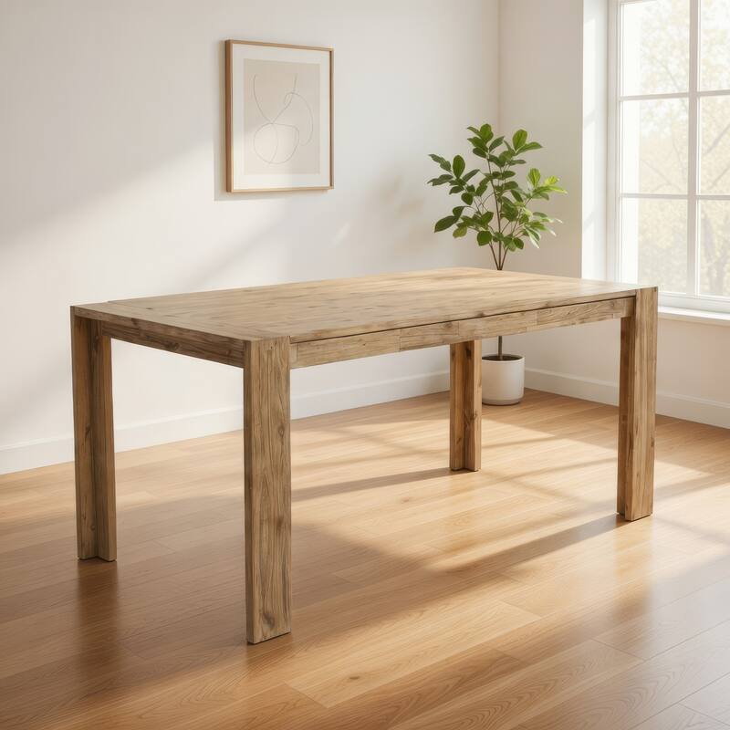 Rectangular Wooden Dining Table with Fixed Top and Block Legs, Brown