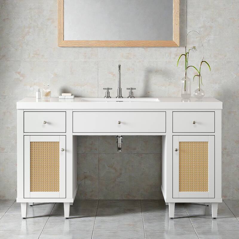 60" Bathroom Vanity with SMC Sink, Freestanding Single Sink Cabinet with Soft-Close Drawers, Tip-Out Tray & Rattan Doors - White