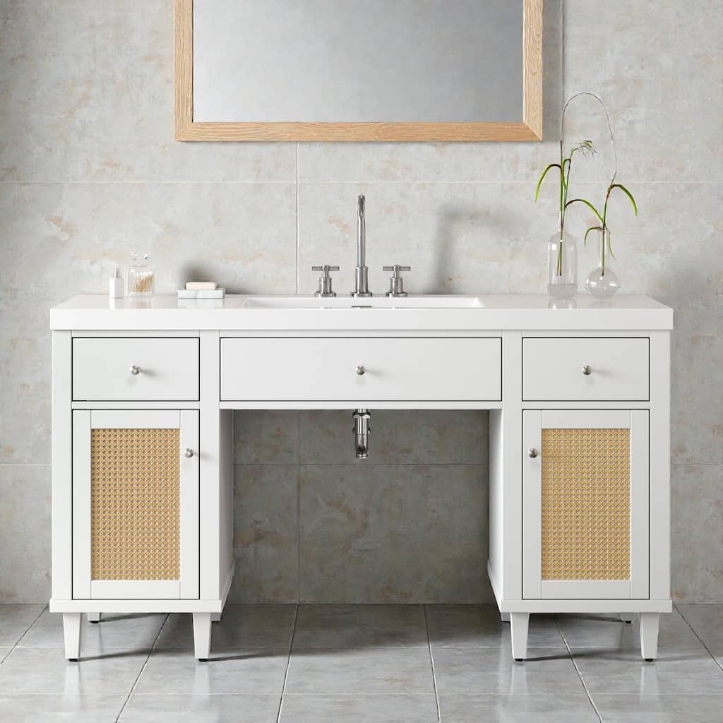 60" Bathroom Vanity with SMC Sink, Freestanding Single Sink Cabinet with Soft-Close Drawers, Tip-Out Tray & Rattan Doors
