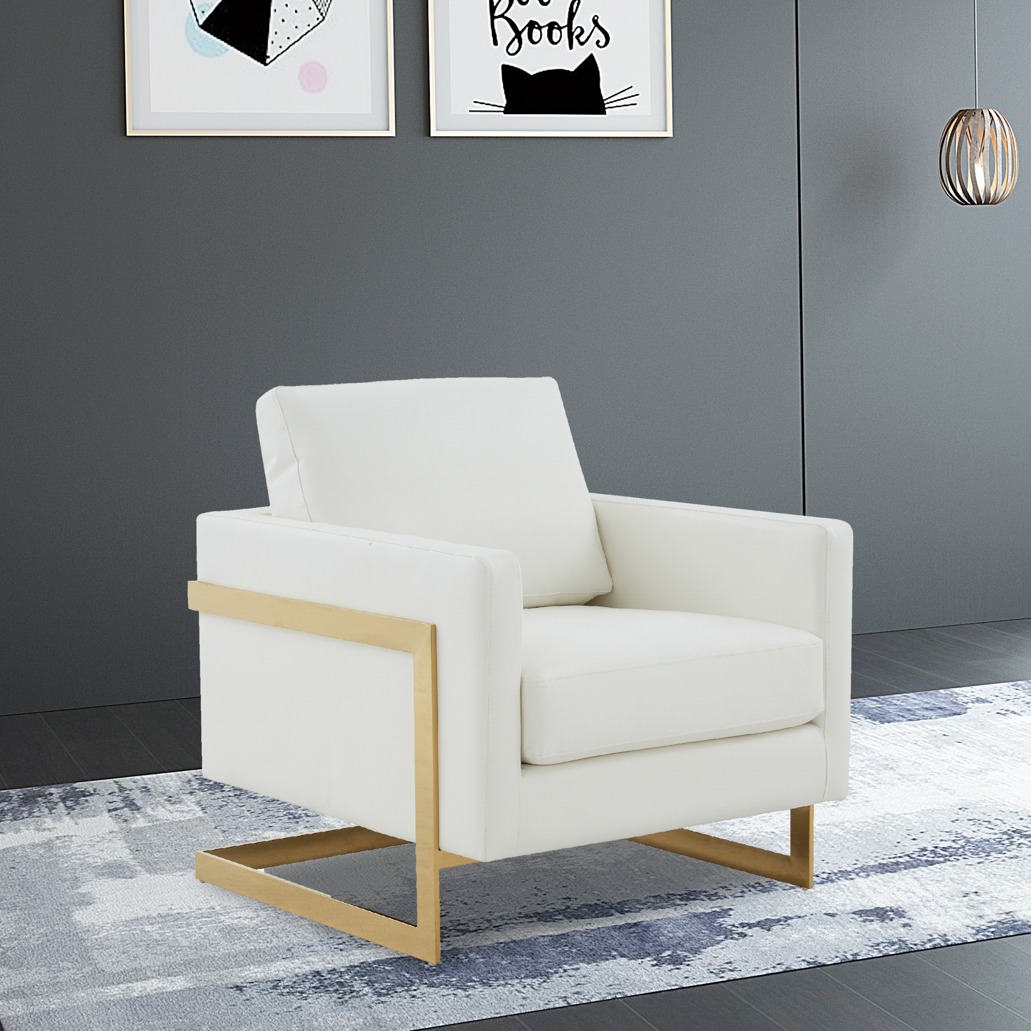 Lincoln Modern Leather Accent Chair - Boxy Single Seater Upholstered Armchair - Gold Base Luxury Living Room Bedroom Lounge Sofa