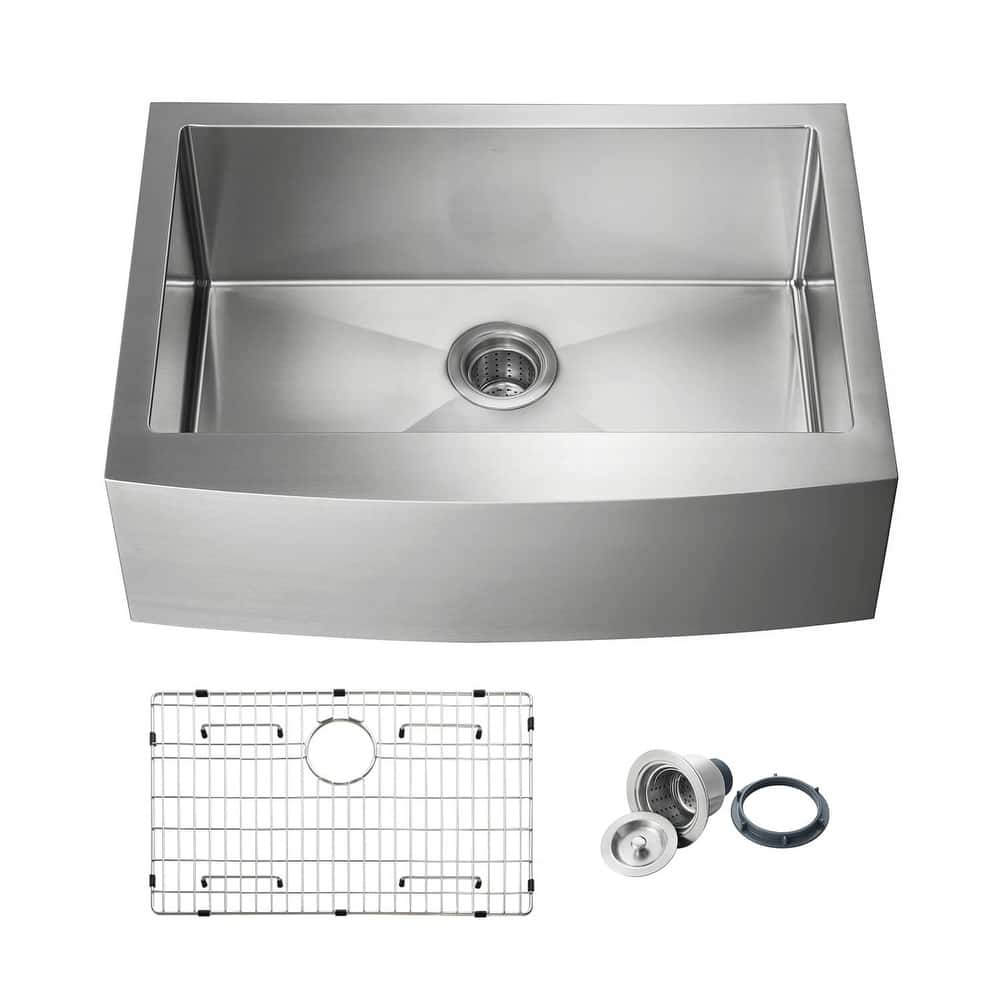 Handcrafted Farmhouse Apron Single Bowl Real 16 gauge Stainless Steel Kitchen Sink with Strainer and Grid