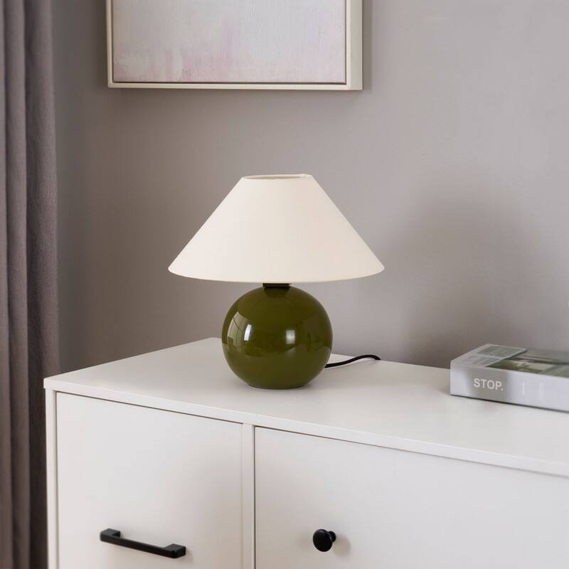 Brightech Fiona LED Olive Green Ceramic Midcentury Round Globe Bedside Nightstand Desk Lamp with Cream Cotton Empire Shade