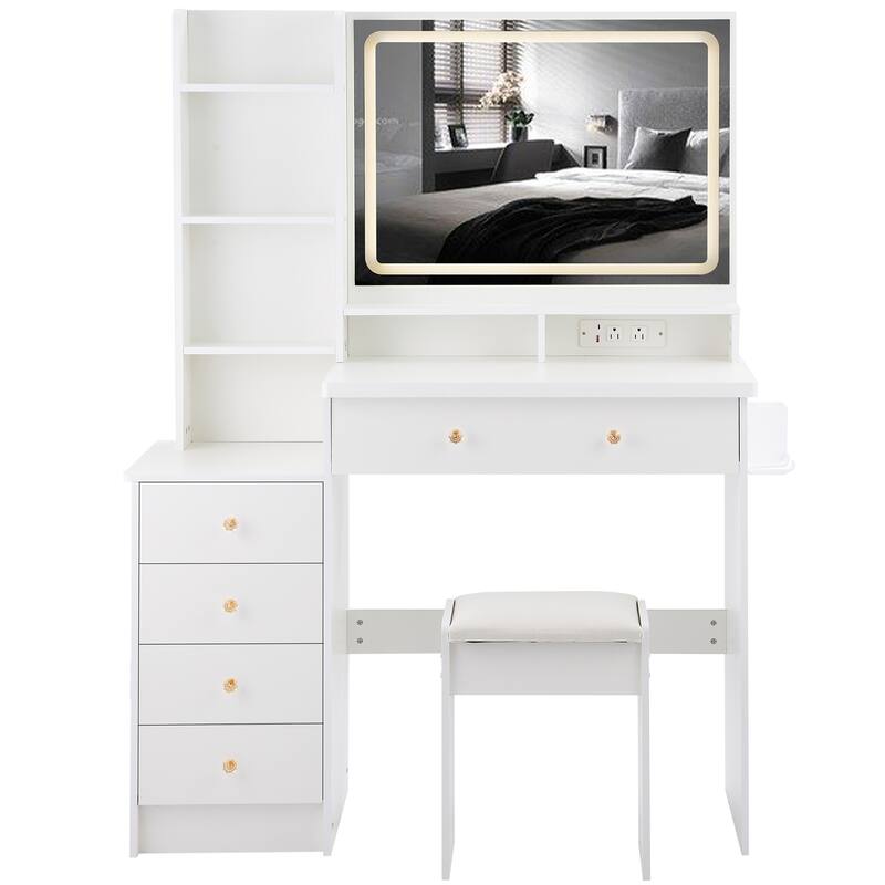Vanity Desk with Touch Control LED Mirror, Makeup Table with Hair Dryer Stand, Vanity Table Set with Cushioned Stool