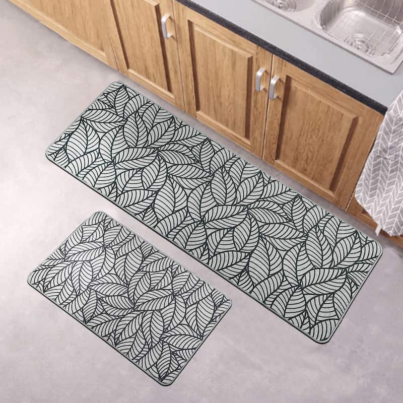 Jungle Printed Kitchen Mat Gray Leaves Design
