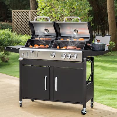 Propane & Charcoal Grill Combo with Side Burner, Porcelain Grates, Dual Fuel BBQ for Outdoor Cooking, 690 SQIN Cooking Area