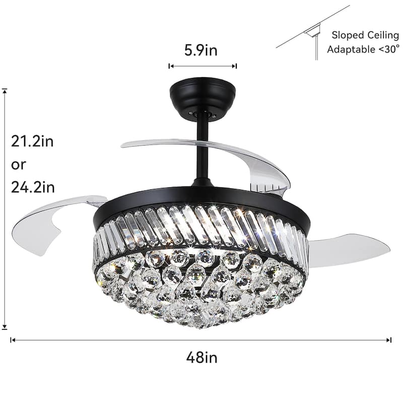 48" Crystal Fandelier Ceiling Fan with Light and Retractable Blades LED Dimmable for Bedroom Living Room - 48 Inches