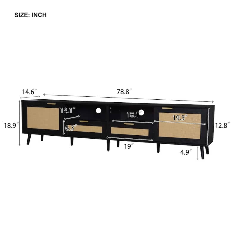 Rattan TV Stand for TVs up to 85'', Modern Farmhouse Media Console, Entertainment Center with Solid Wood Legs