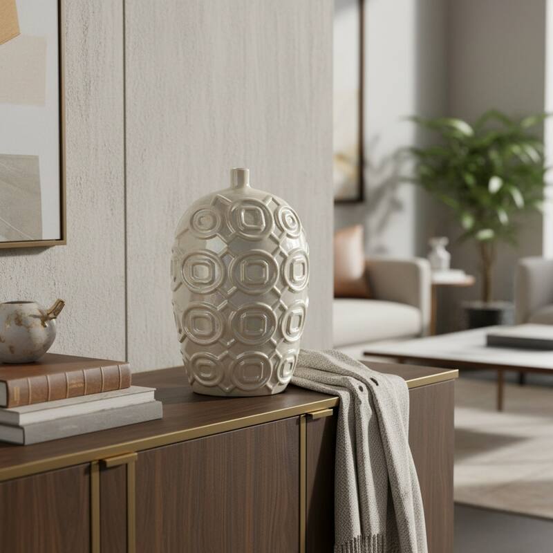16" Cream Geometric Ceramic Bud Table Vase - 9.10 - Cream - 9.10