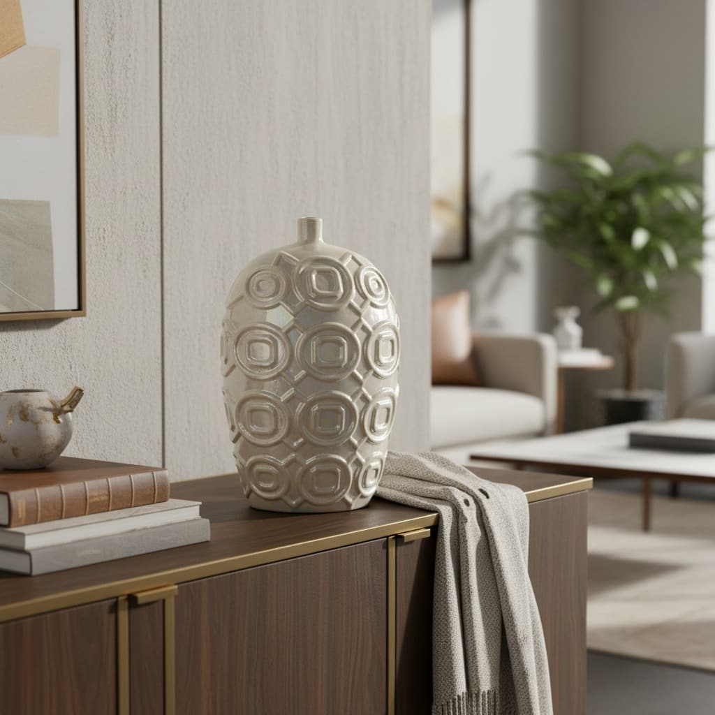 16" Cream Geometric Ceramic Bud Table Vase - 9.10