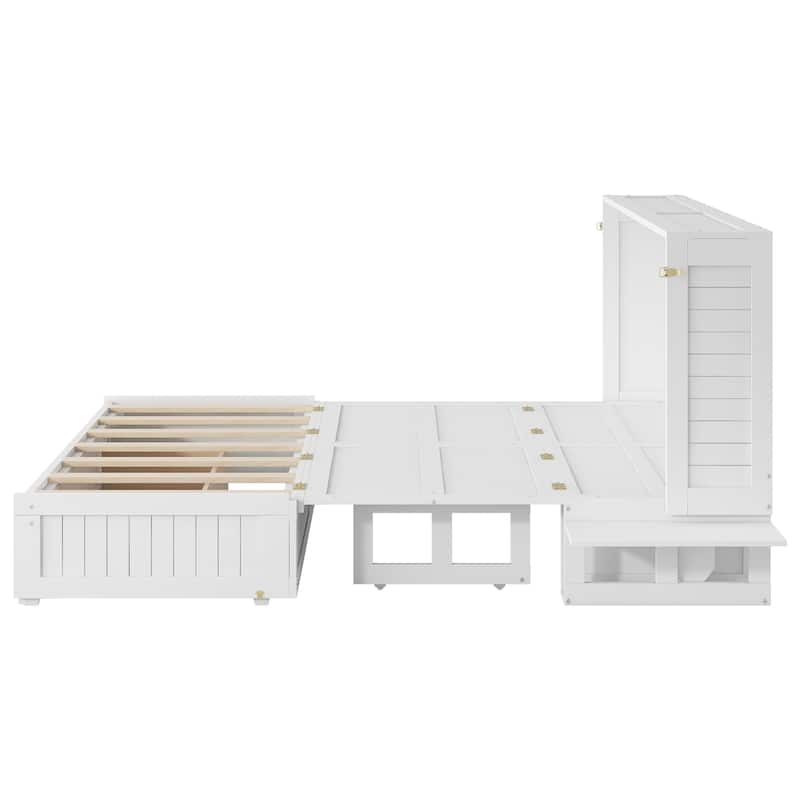 Queen Size Mobile Murphy Bed with A Big Storage Drawer, Solid Pinewood Murphy Cabinet Bed with Little Shelves on Each Side