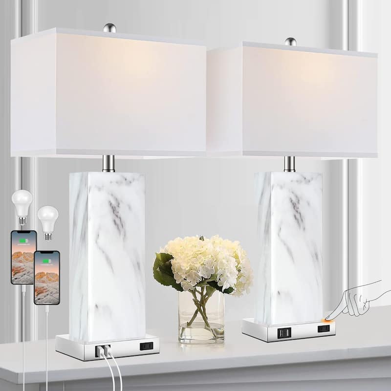 Touch Control Table Lamps Set of 2,2 USB Ports 1 AC Outlet,3-Way Dimmable Lamp with Fabric Shade (LED Bulbs Included) - Light White