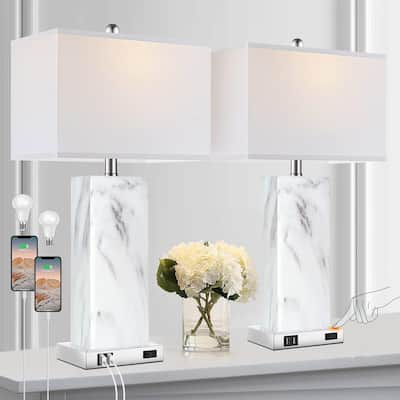 Touch Control Table Lamps Set of 2,2 USB Ports 1 AC Outlet,3-Way Dimmable Lamp with Fabric Shade (LED Bulbs Included)
