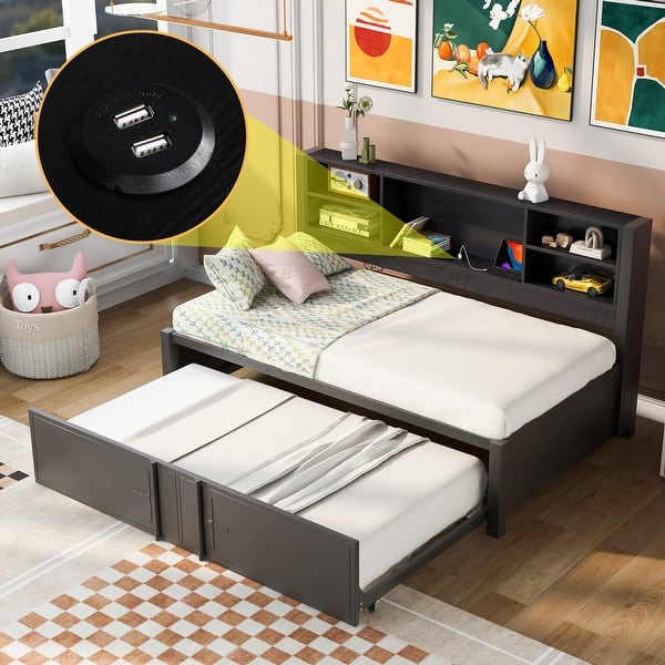 slide 2 of 21, Twin Size Daybed with Trundle, Metal Captain Bed Frame with Storage Shelves & USB Ports for Small Space, No Box Spring Needed Black - Twin