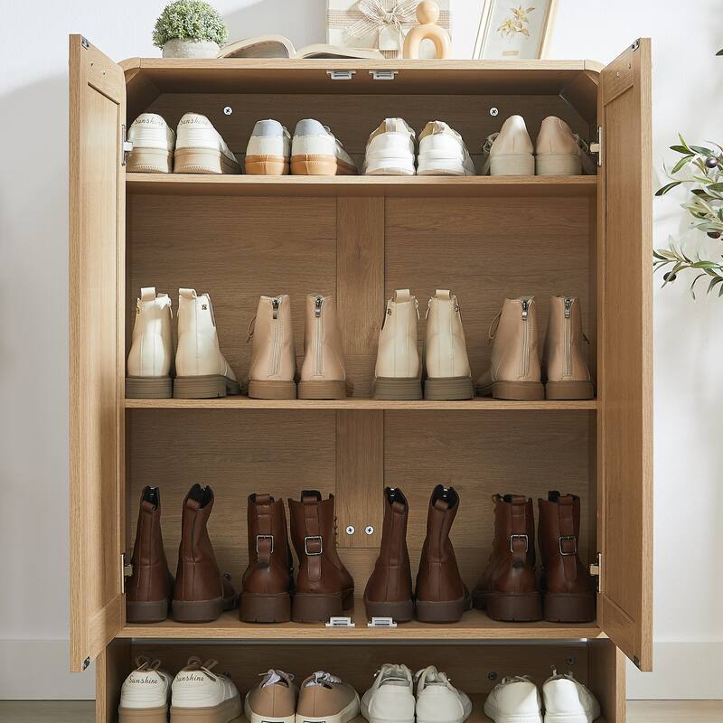 Rattan Shoe Cabinet with Doors & Open Bottom Shelf, Shoe Storage Cabinet with Adjustable Shelves, Wooden Shoes Rack Organizer