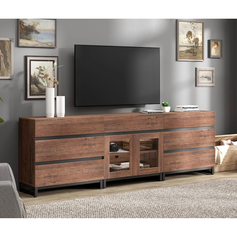 Modern TV Stand for Tvs Up to 100 Inch, 3 In 1 TV Console with Glass Doors and 7 Drawers for Living Room, Bedroom