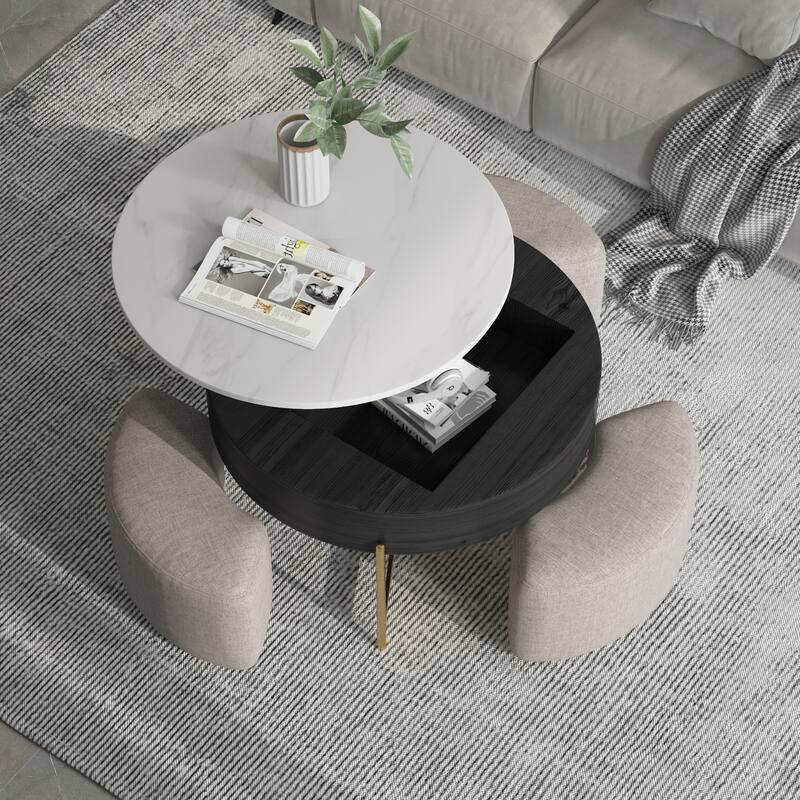 31.5'' Modern Round Lift-Top Coffee Table Set with Storage & 3 Ottomans - black&white