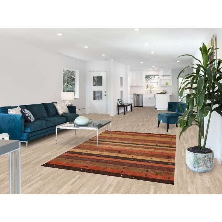 Striped Gabbeh Indian Area Rug Hand-Knotted Wool Carpet - 5'3"x 7'10"