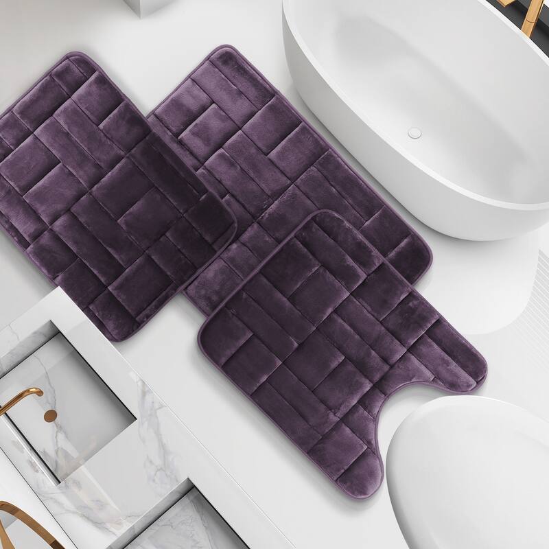 Clara Clark Ultra Soft Non Slip and Absorbent Bath Rug - Tiled Velvet Memory Foam Bath Mat - Small-Large-Contour (3PK) - Purple Eggplant