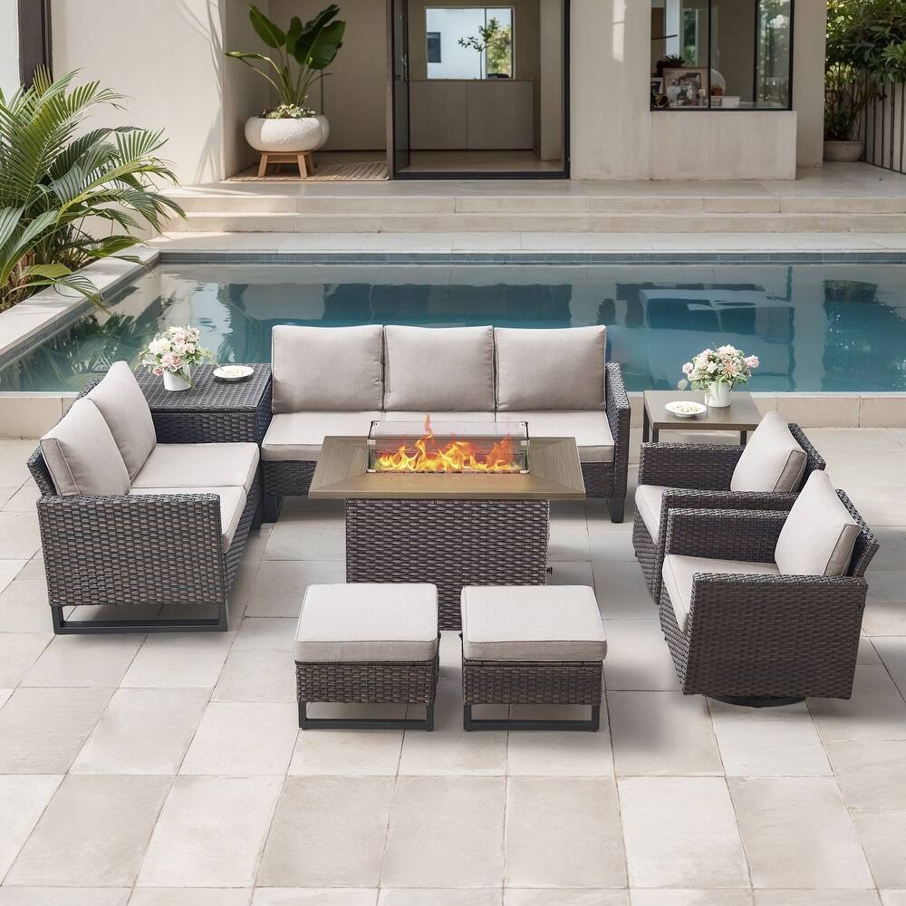 Gymojoy 9 Piece All-Weather Wicker Outdoor Patio Family Conversation Set Group With Fire Pit Table