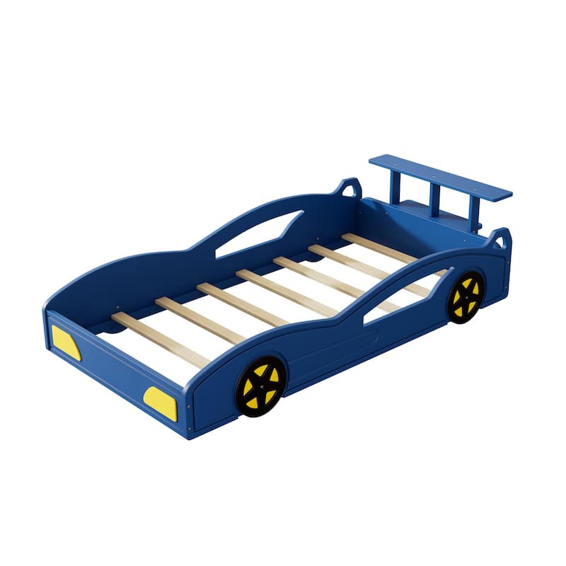 Twin Size Blue Wood Race Car-shaped Platform Bed