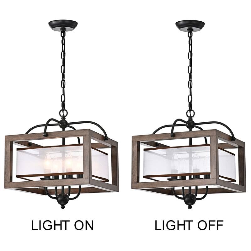 Alina Antique Black Metal Natural Wood Chandelier with Fabric Shade