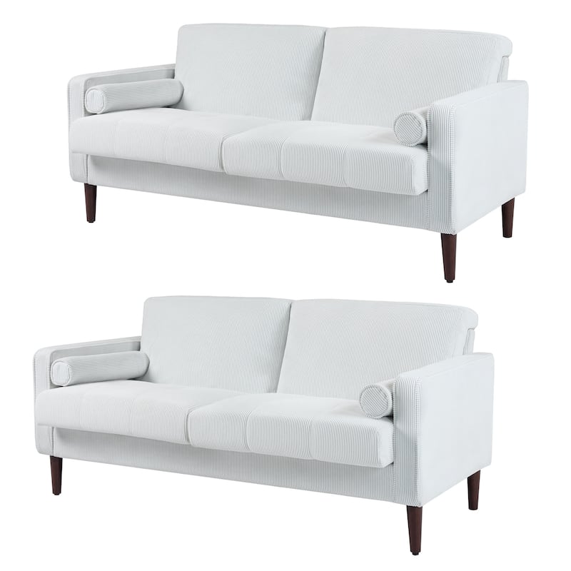 Modern Corduroy Upholstered Loveseat with Bolster Pillows and Wood Legs