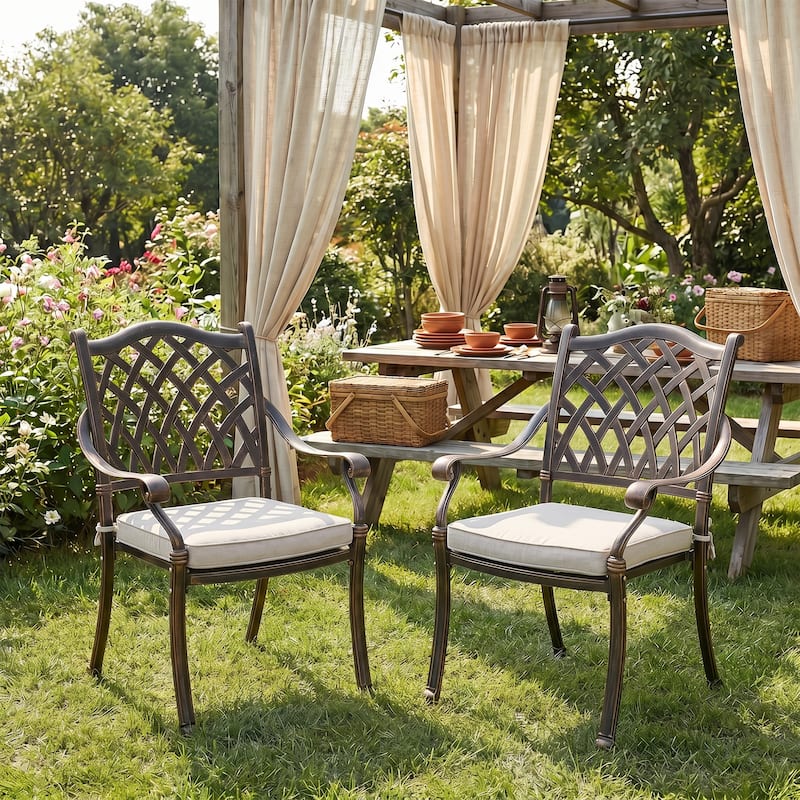 Outdoor Dining Chairs Bronze Cast Aluminum French European Inspired Design with Cushion Set of 2