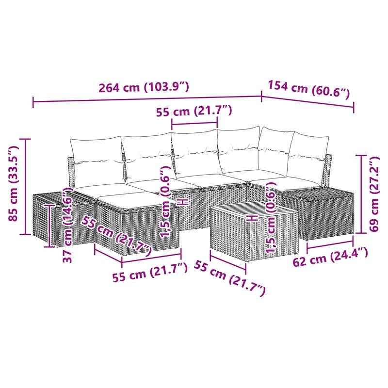 vidaXL 7 Garden Sofa Set with Cushions Black/Grey Poly Rattan - 103.9 x 60.6 x 27.2
