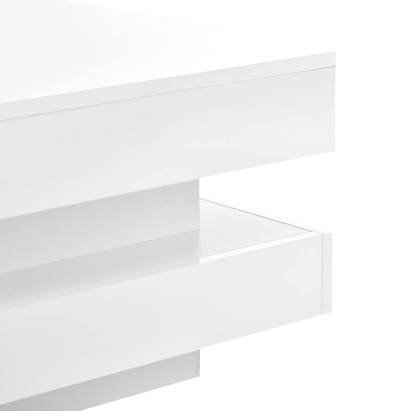 Modern High Gloss Square Coffee Table with LED Light, 2-Tier Center Table for Living Room