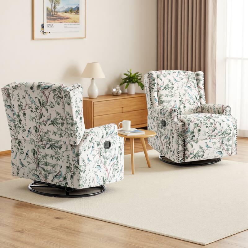Floral Linen Manual Recliner Chair with Footrest set of 2