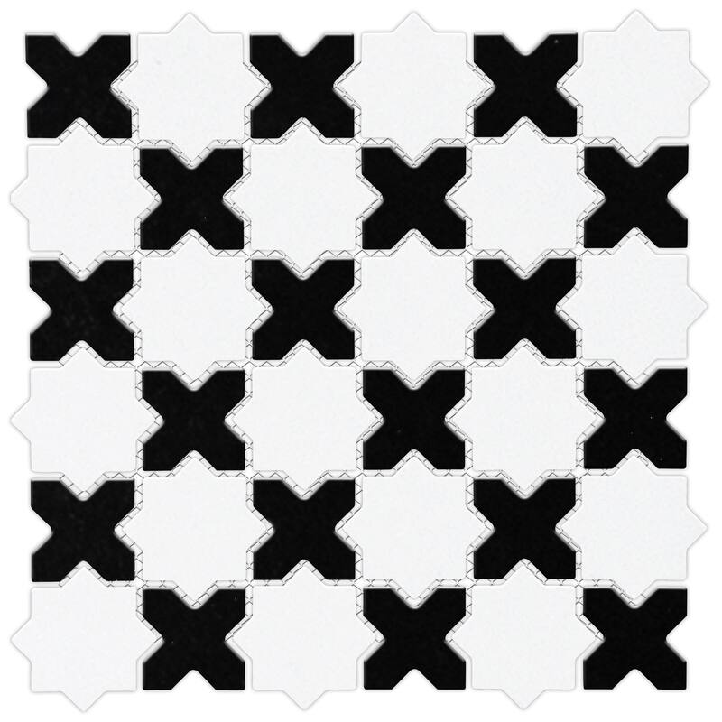 Merola Tile Metro 2" Star Matte White with Matte Black Cross 11-7/8" x 11-7/8" Porcelain Floor and Wall Tile