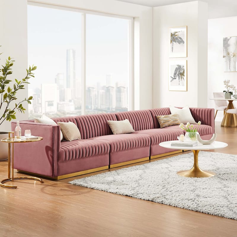 Sanguine Channel Tufted Performance Velvet 4-Seat Sectional Sofa - Dusty Rose