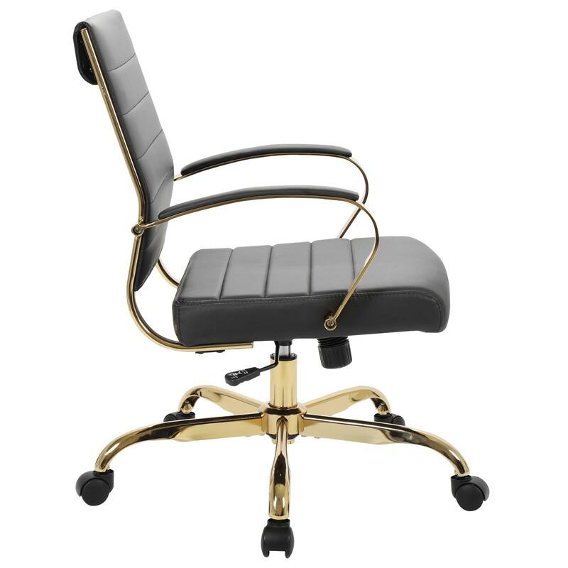 Benmar Mid-Back Leather Office Desk Chair in Gold Stainless Steel Frame Adjustable Height Tilt Lock 360 Swivel Ergonomic Chair