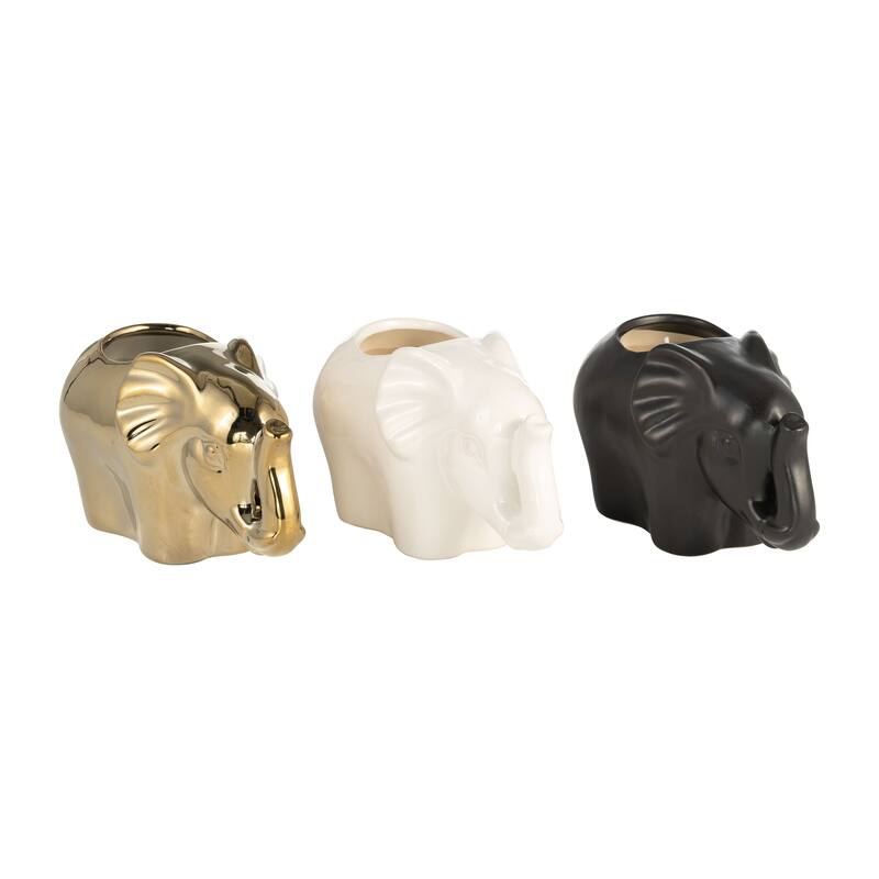 Set of Three 5"H 7" Diameter Gold, Ivory, and Black Colored Ceramic Elephant Soy Candle 9oz Pumeria-scented for Indoor