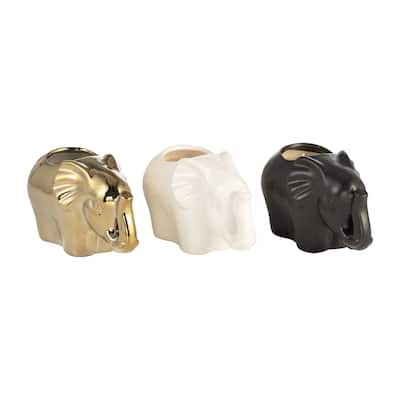 Set of Three 5"H 7" Diameter Gold, Ivory, and Black Colored Ceramic Elephant Soy Candle 9oz Pumeria-scented for Indoor