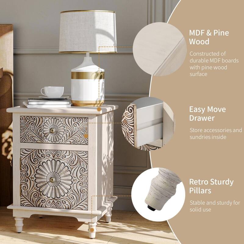 COSIEST Vintage Accent Nightstand End Table w Chest, Drawer