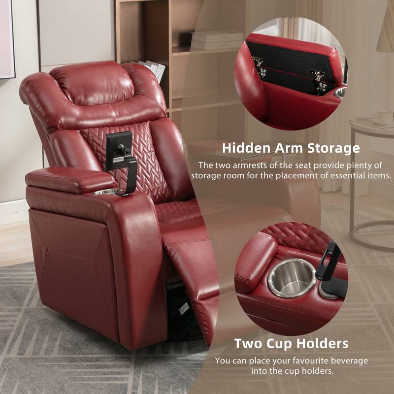270 Degree Swivel PU Leather Power Recliner Individual Seat Home Theater Recliner with Comforable Backrest, Tray Table