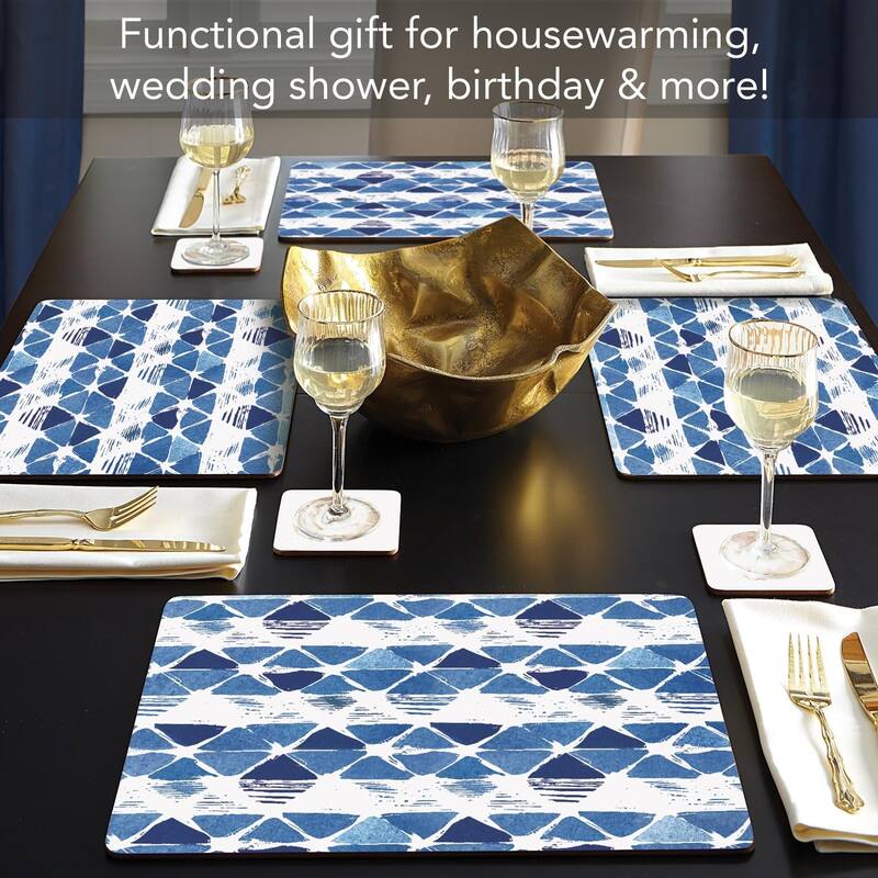 Indigo Closed Triangles Decorative Hardboard Placemats with Protective Cork Backing 4 Pack Heat Tolerant and Easily Wipes Clean