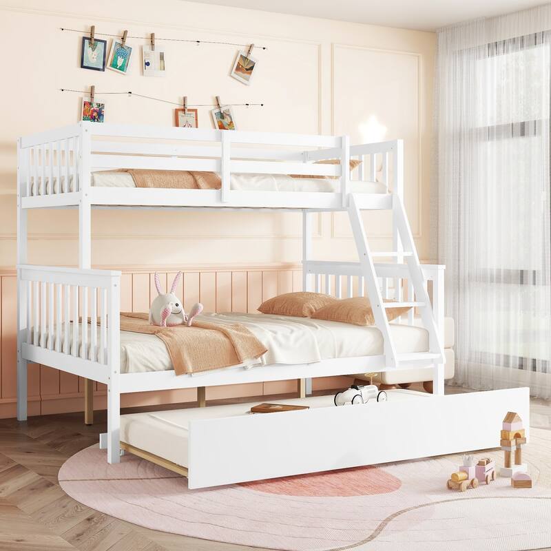 Roomfitters Twin Over Full Rubber Wood Bunk Bed with Trundle, Detachable Convertible Bunk Bed with Ladder and Guardrails