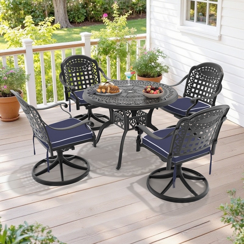 5-Piece Aluminum Round Outdoor Patio Dining Set, 4 Cushioned Swivel Chairs, Table, All-Weather Frames