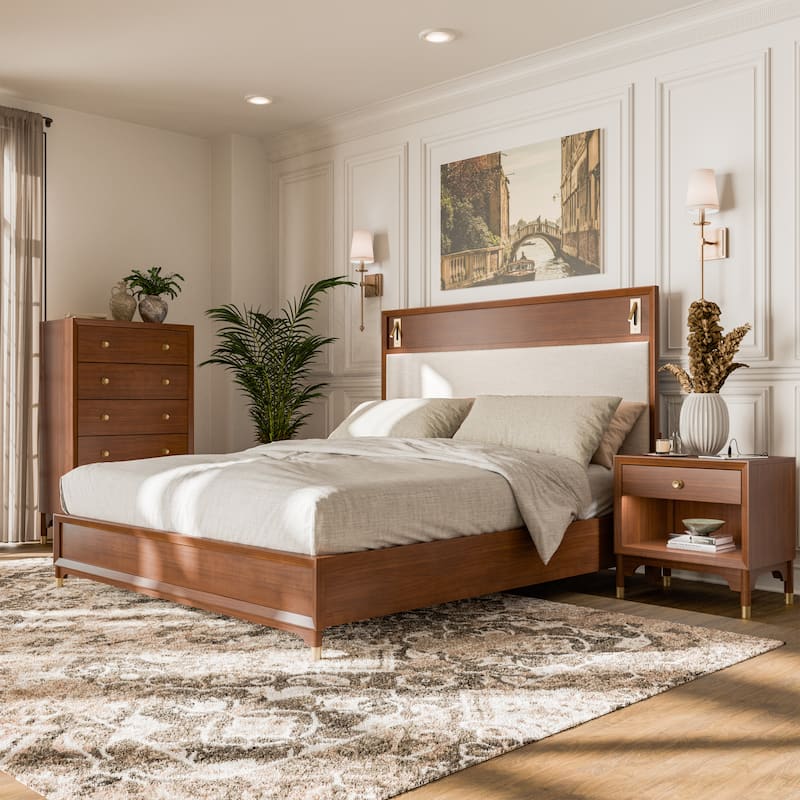Furniture of America Forma Mid-Century Modern 3-Piece Walnut Solid Wood Platform Bedroom Set - Queen