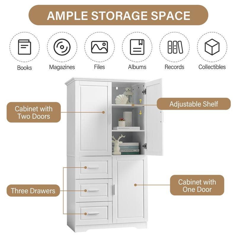 Freestanding Floor Storage Cabinet with 3 Door, 3 Drawers, Long Bar Handles and Adjustable Shelf for Office Living Room Bathroom