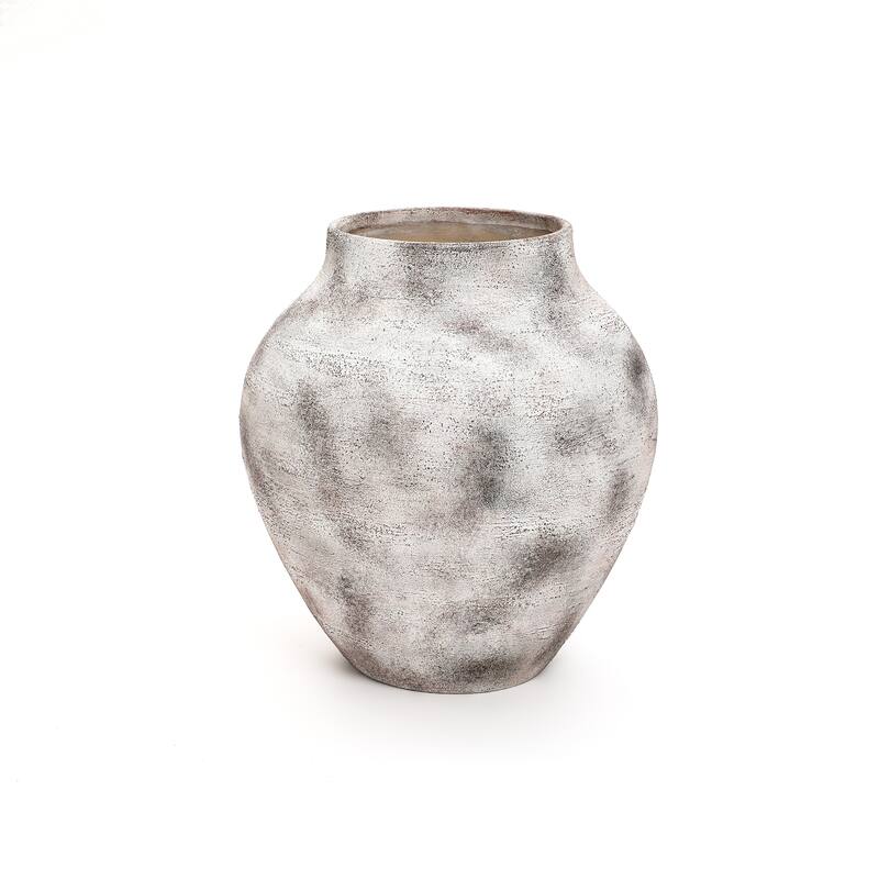 Rustic Gray with Weathered White Finish Stoneware Vase, Vintage Pottery - 12.4" H x 11.22" Diameter