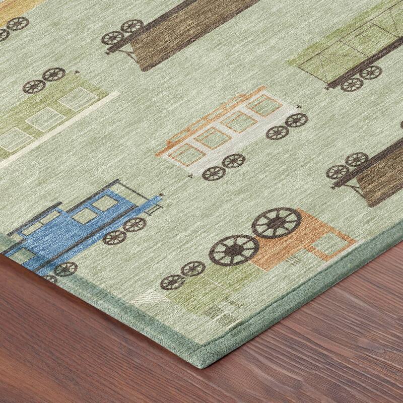 Machine Washable Indoor/ Outdoor Modern Train Chantille Rug