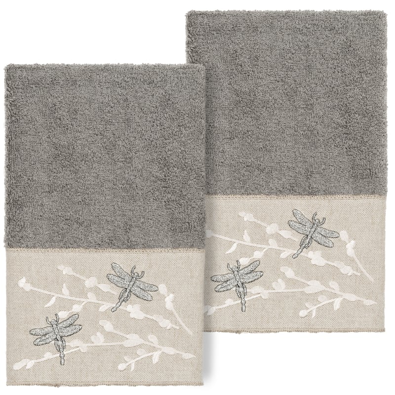 Authentic Hotel and Spa 100% Turkish Cotton Braelyn 2PC Embellished Hand Towel Set - Dark Gray