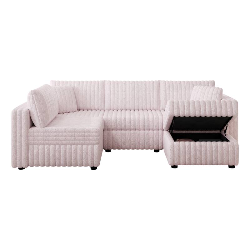 106.3" Soft U-shaped 4-Person Modular Sofa with Ottoman, Light Pink, Metal Frame