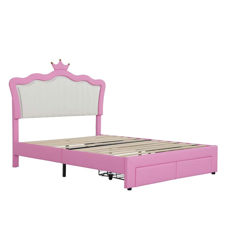 Full Size Upholstered Bed Frame with LED Lights, Crown Headboard, 2 Drawers, Pink+White