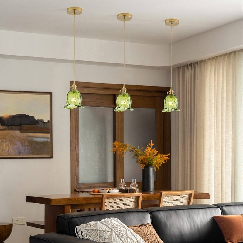 Modern 1 Light Green Stamen Shaped Glass Pendant Light Electroplated Brass Ceiling Fixture