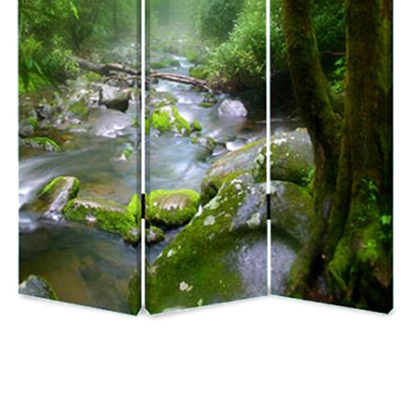 3 Panel Foldable Canvas Screen with Rainforest Print, Green - 6 x 12