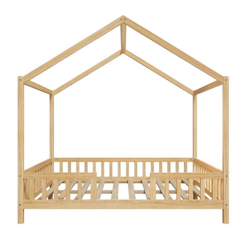 Montessori Bed, House-shape Frame Platform Bed for Kids Toddler, Wood House Daybed with High Railings and Roof, Canopy Bed Frame